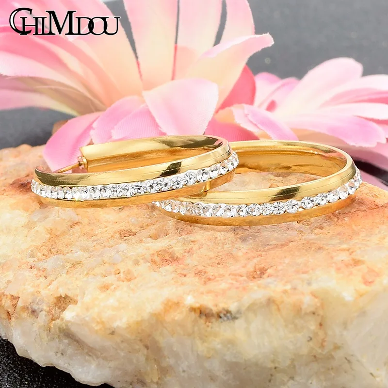 CHIMDOU Bride Earrings Popular Rhinestone Crystal Hoop Earring For Wedding Dress Fashion Women Stainless Steel Ear's AE810 | Украшения