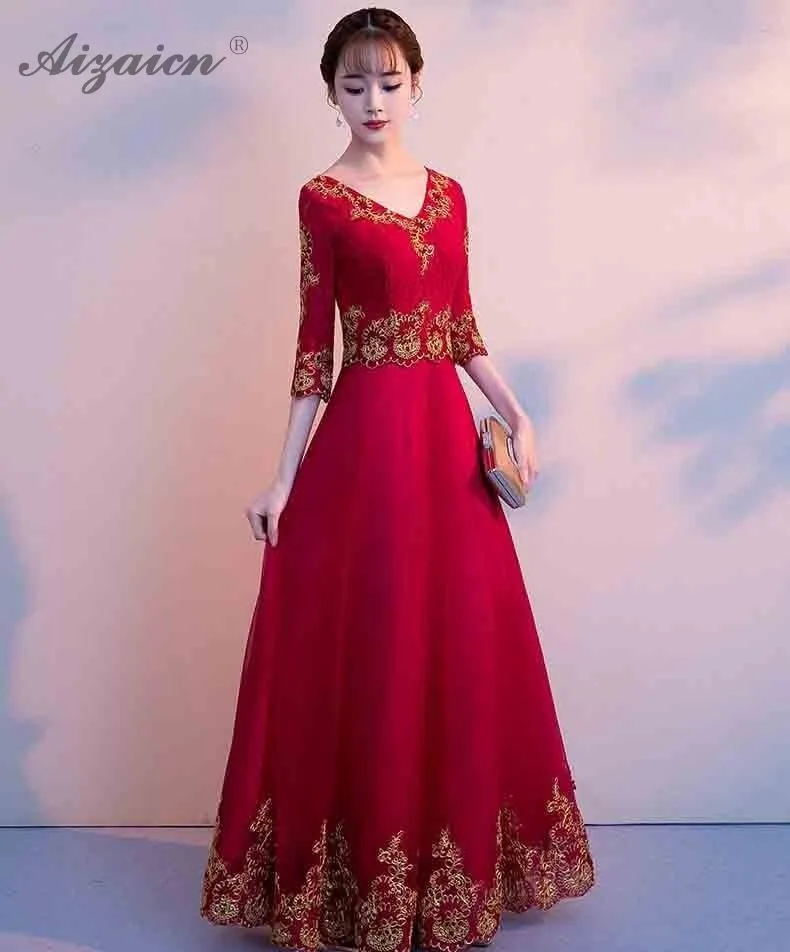 Красное вино традиционное китайское длинное вечернее платье модное Cheongsam сексуальное свадебное кружевное Qipao халат Восточный Стиль Платья повседневные
