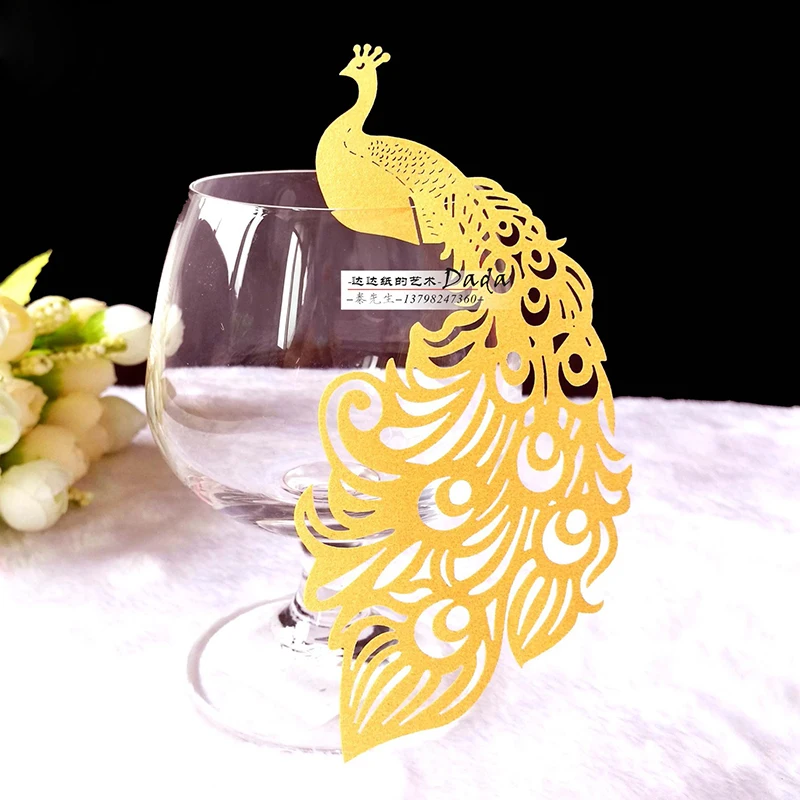 

50pcs Peacock Name Place Card Laser Cut Wine Glass Escort Cup Cards Baby Shower Birthday Wedding Table Decoration Party Supplies
