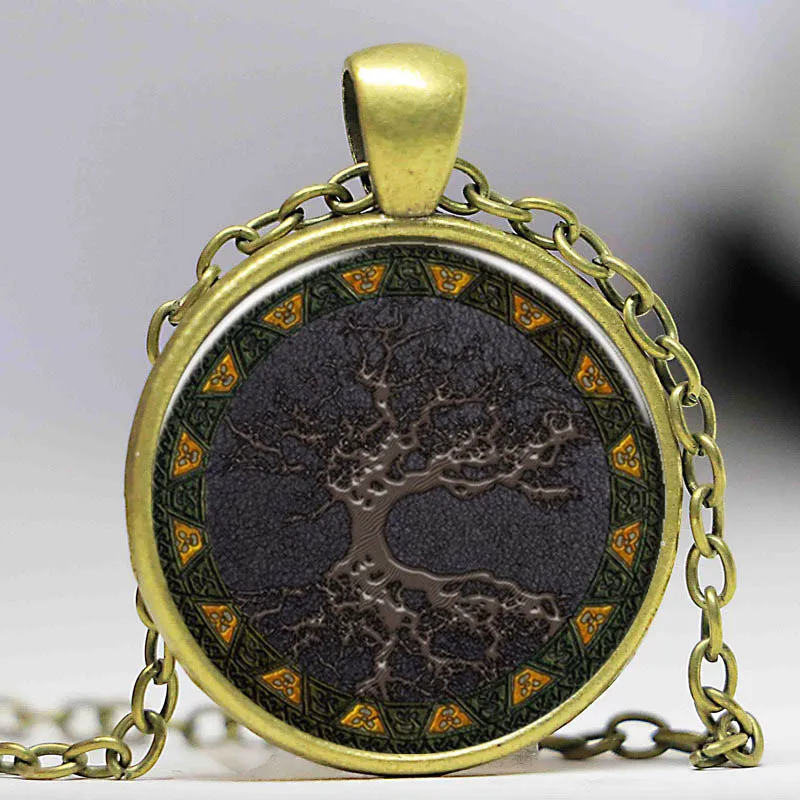 Кельтский круглый подвеска стеклянная подвеска ожерелье винтажная ювелирная изделия монета размера дерево жизни серебряного цвета женский чокер.