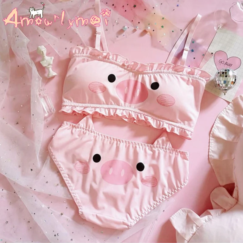 Японский стиль Лолита Kawaii мультфильм нижнее белье комплект молочного шелка Camisoles и трусики без косточек Мягкие Нижнее белье наборы Студенческая девушка