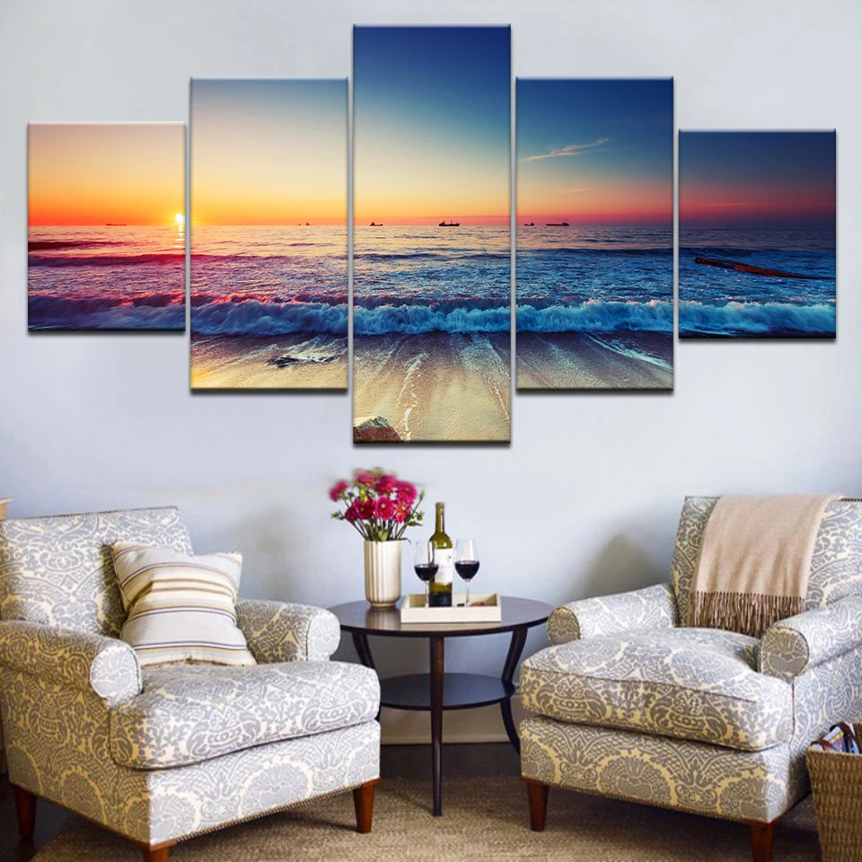 The sunset sea beach seascape 5 панелей HD Печать Современная Настенная фотография для