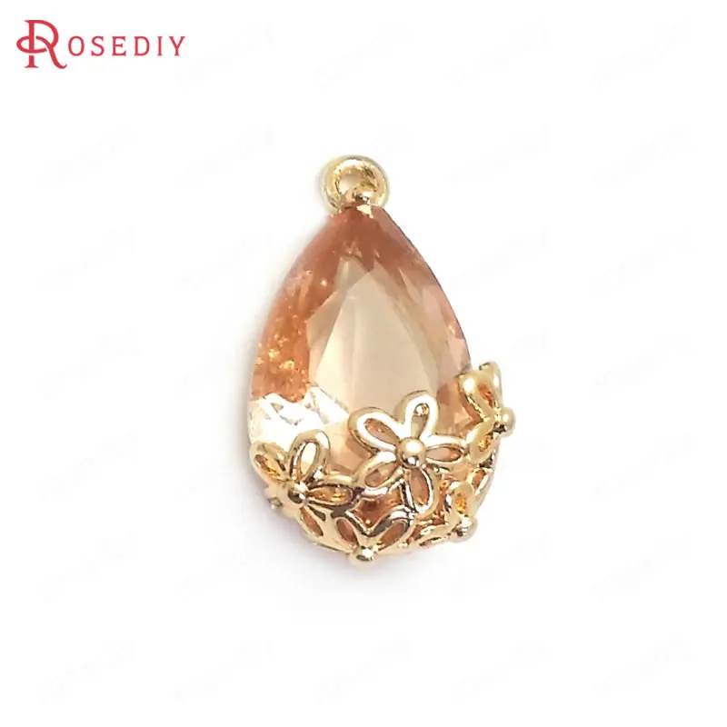 

10PCS 10x16MM 24K Champagne Gold Color Brass and Glass with Flower Drop Shape Charms Pendants Diy Jewelry Findings Accessories