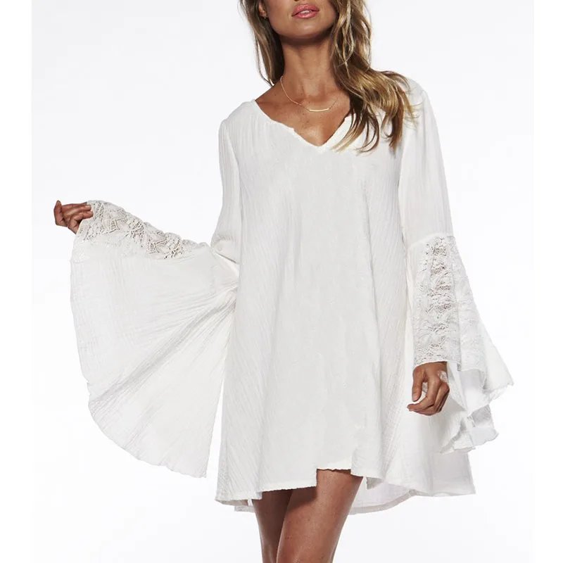 Sexy Swimwear Tunic Women Bikini Lace Loose Blouse Sun Shirt Stitching Dress Beach Cover up Sunscreen Swimsuit Coverups 2XL |