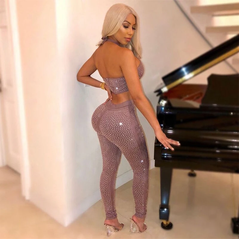 Ocstrade 2 Piece Bandage Set Clothing New Arrival 2019 Womens Brown Luxury Beaded Sexy Top and Pants Two | Женская одежда