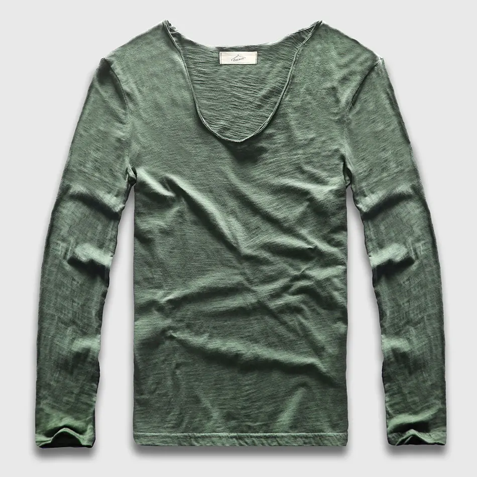 Deep Green 20 цветов, v-образный вырез, футболка с длинным рукавом для мужчин, хлопковая футболка, Мужская облегающая футболка, повседневные свободные футболки - Цвет: Deep Green