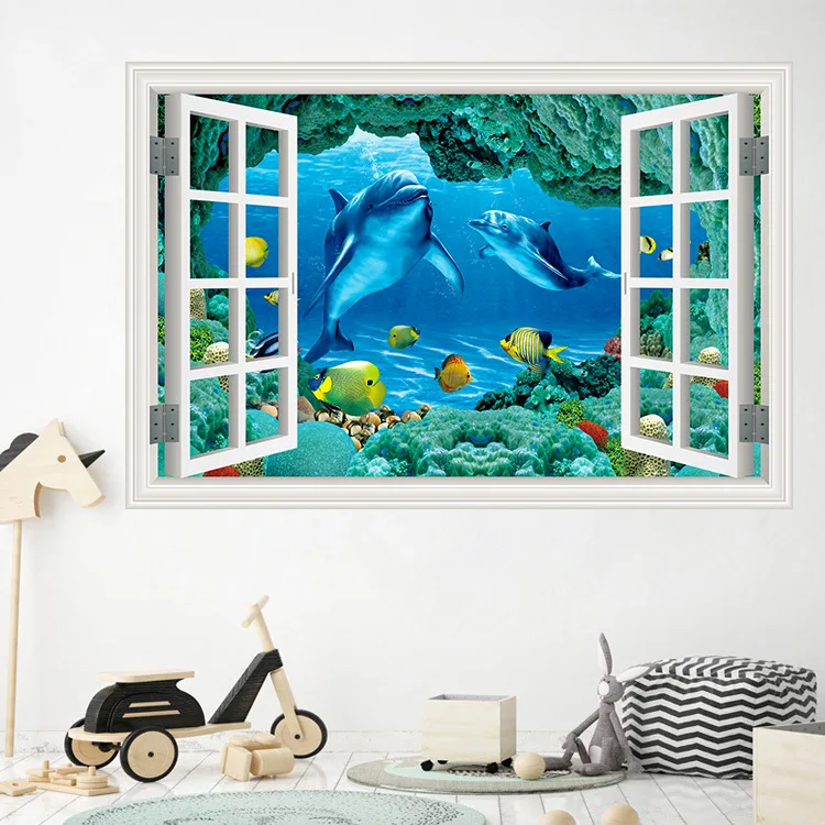 Underwater Fish Dolphin 3d Vivid Window Wall Stickers DIY decals Bathroom Living Room Bedroom Home Decoration Poster | Дом и сад