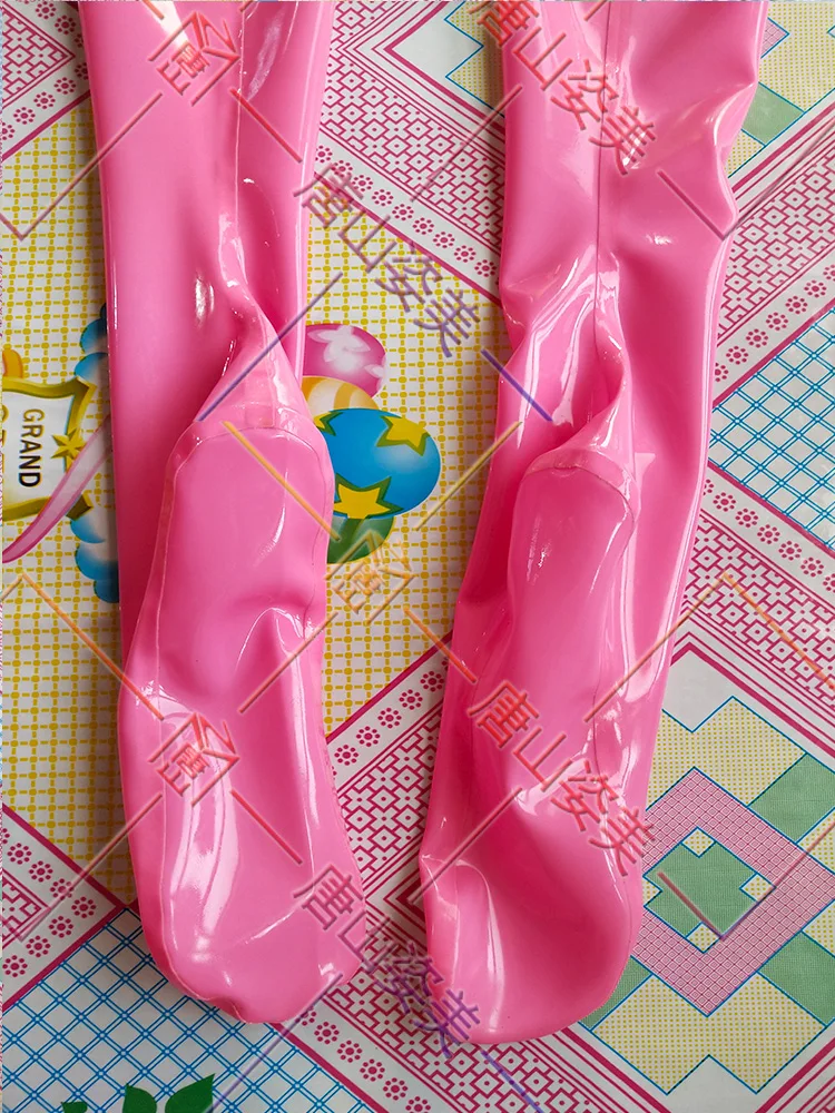 SEXY PINK LATEX THIGH HIGH STOCKINGS WITH BLACK TRIMS CUSTOMIZED |