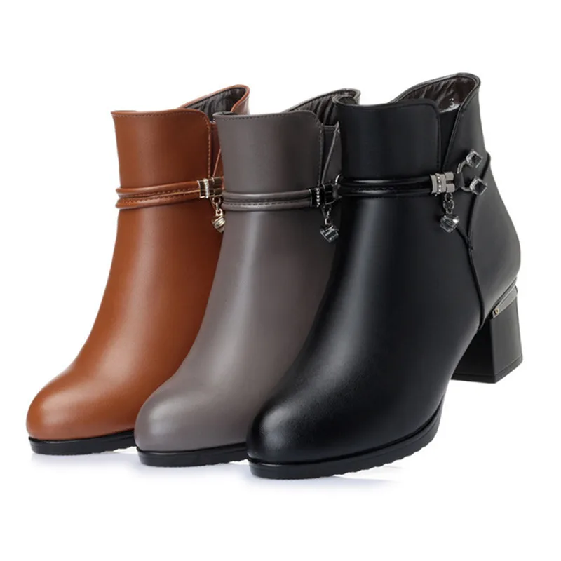 

TIMETANG Winter wool Women Boots Genuine leather zip snow boots Square heel with thick warm ankle boots Women's boots plus size