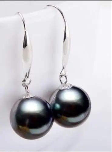 14K/20 White Gold a pair of natural 11-12mm tahitian black green pearl earrings | Украшения и аксессуары