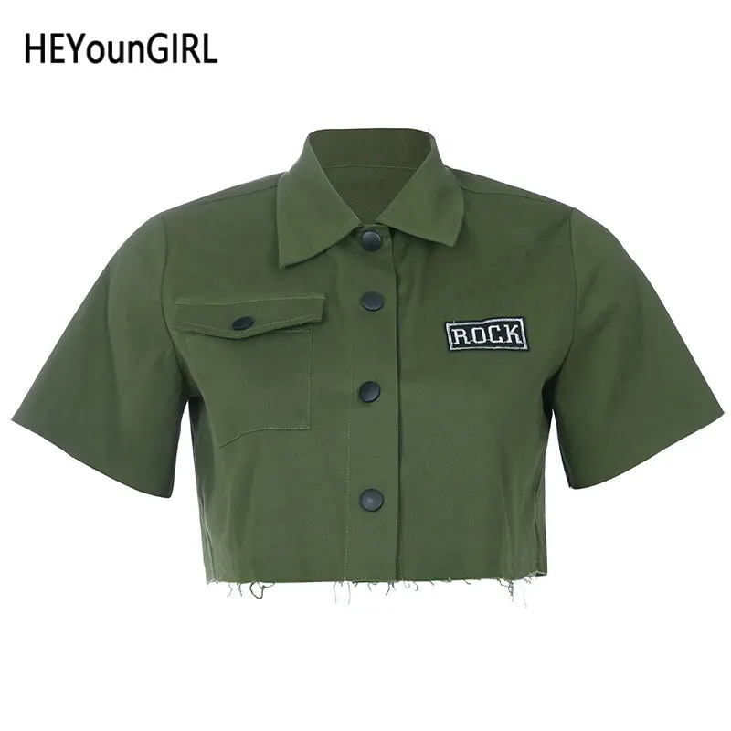 HEYounGIRL/зеленые свободные женские футболки в стиле милитари; Повседневная укороченная футболка с короткими рукавами; футболка с отложным воротником; женская футболка; лето - Цвет: Армейский зеленый