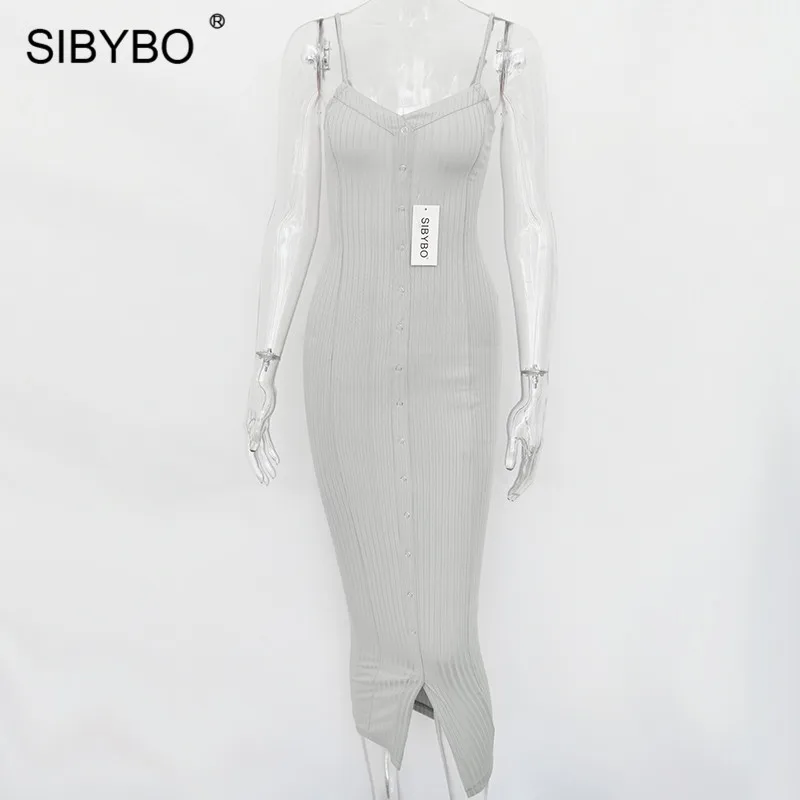 Серый Sibybo сексуальное длинное платье с разрезом на бретельках, женское осеннее облегающее платье макси с открытой спиной без рукавов, пляжные Летние Повседневные платья - Цвет: Серый