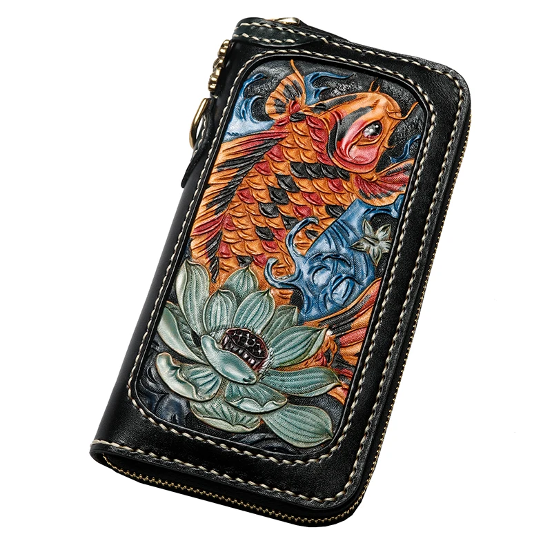 

Lady Genuine Leather Wallets Carving Copper Lotus Coin Carp Zipper Bag Purses Women Long Clutch Vegetable Tanned Leather Wallet