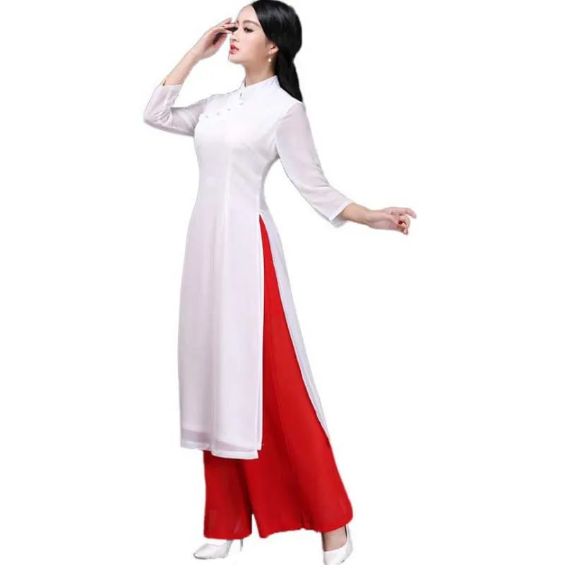2 шт. вьетнамские комплекты Aodai пикантный женский Чонсам плюс 3XL винтажное длинное