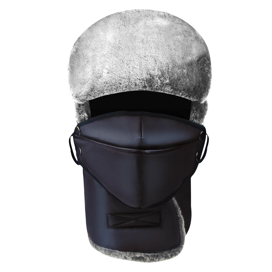 Зимняя шапка для рыбалки, Мужская теплая кожаная Русская Шапка-ушанка, лыжная шапка-бомбер с ушками и маской для лица