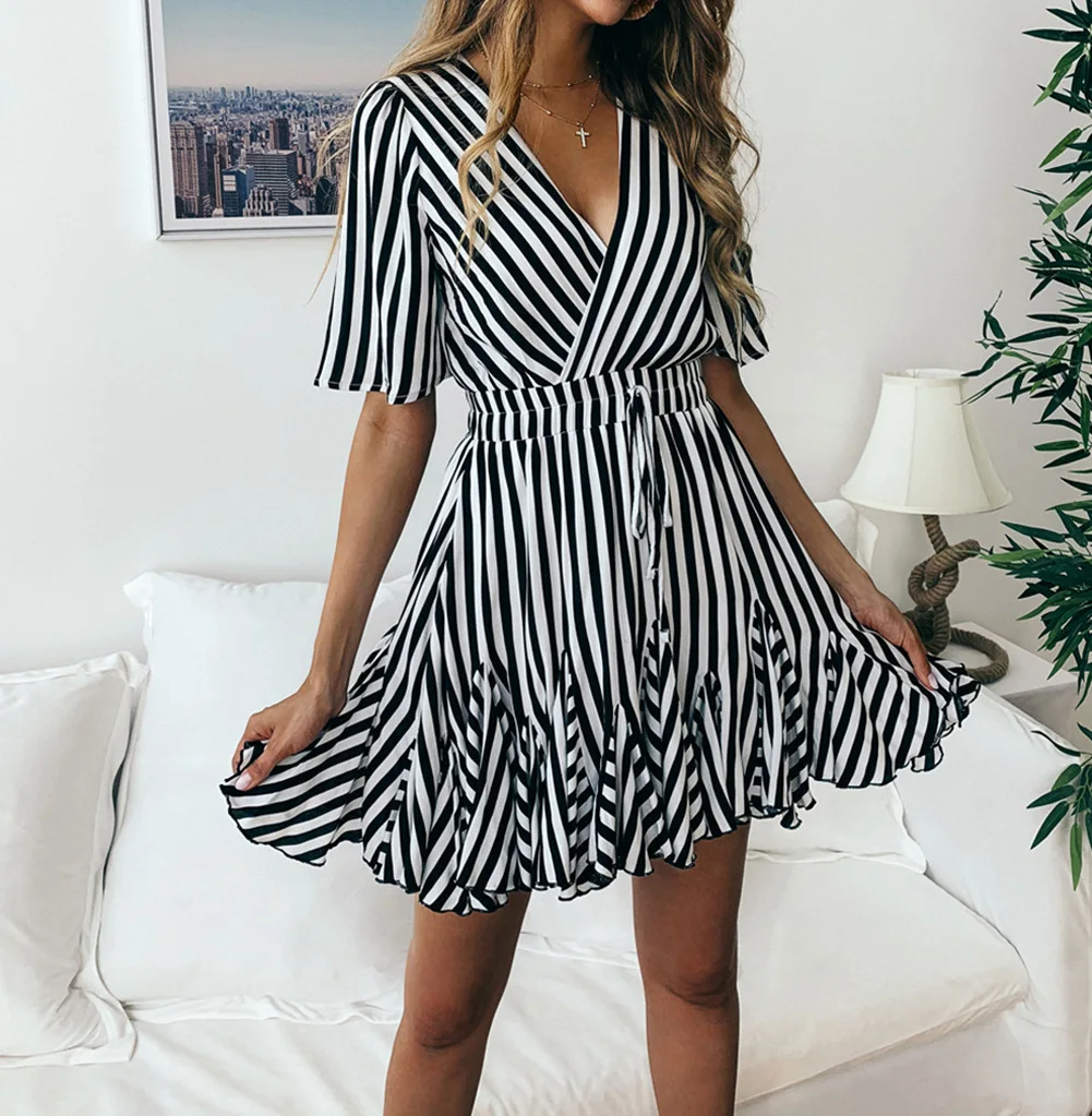 BIUZKO Summer Striped with Straps Bohemian Beach Dress Short Sleeve Women Dresses Printed Vestidos Verano 2019 | Женская одежда
