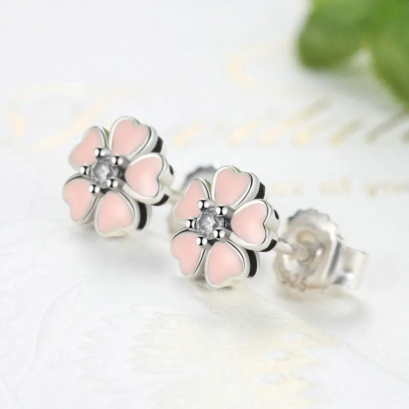100% 925 Sterling Silver Fashion Pink flowers Crystal Ear Studs Earrings for Women Genuine Small Stud | Украшения и аксессуары