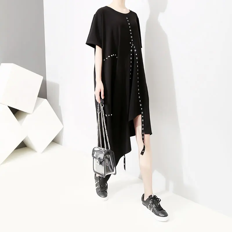 XITAO Split Irregular Black Midi Dress Gold Wild O Neck Patchwork Summer New Korea Fashion Pullover Slim Short Sleeve ZLL3671 | Женская
