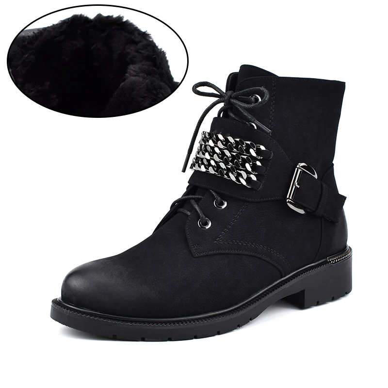 Odetina New Fashion Autumn Winter Women Chunky Low Heel Ankle Boots With Chains Lace Up Booties Side Zipper Warm Shoes Plus Size - Цвет: Black Plush