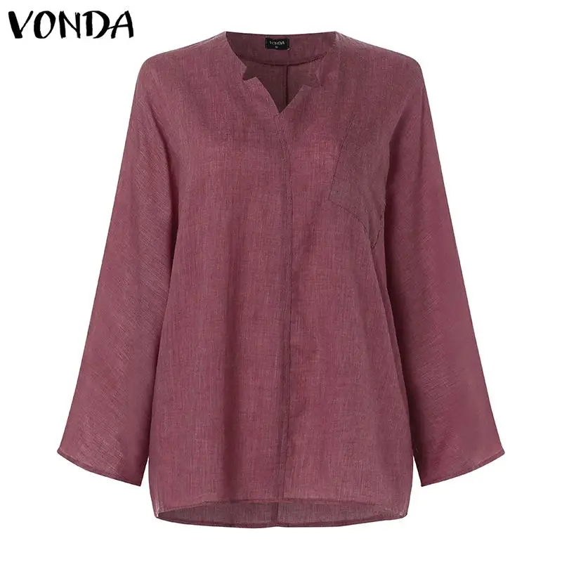VONDA, 6 цветов, Женская винтажная блуза, Повседневная рубашка,, осень, длинный рукав, v-образный вырез, топы, OL Blusas, Пляжная Женская Туника размера плюс
