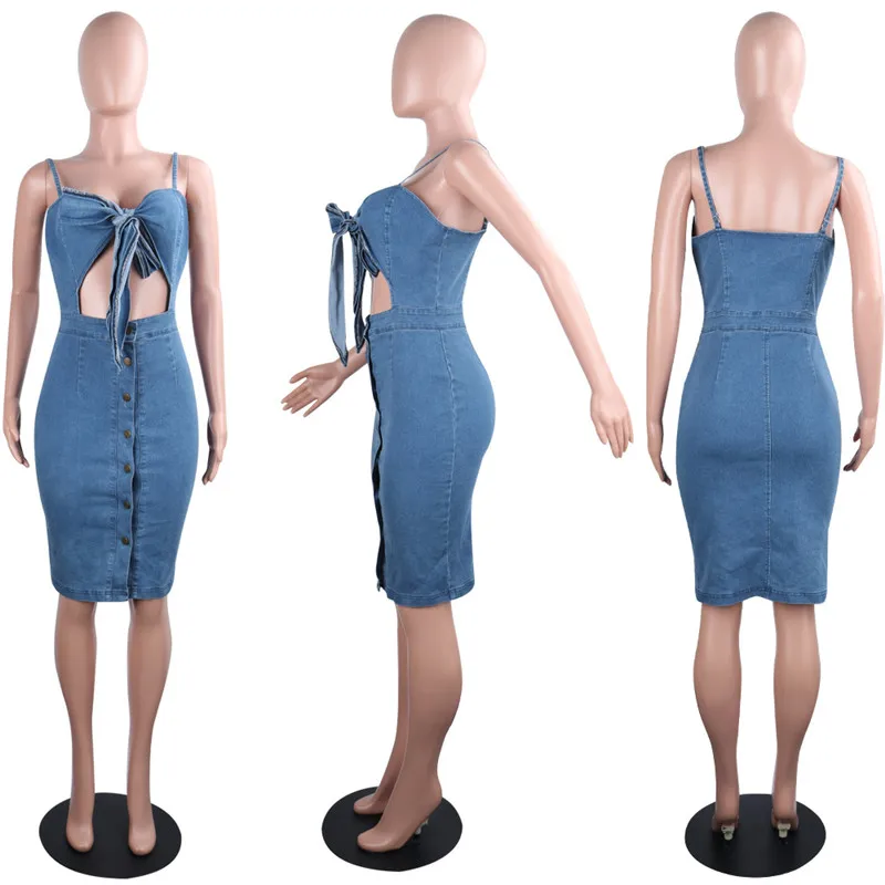 Сексуальное джинсовое платье для женщин на тонких бретельках с открытой спиной и