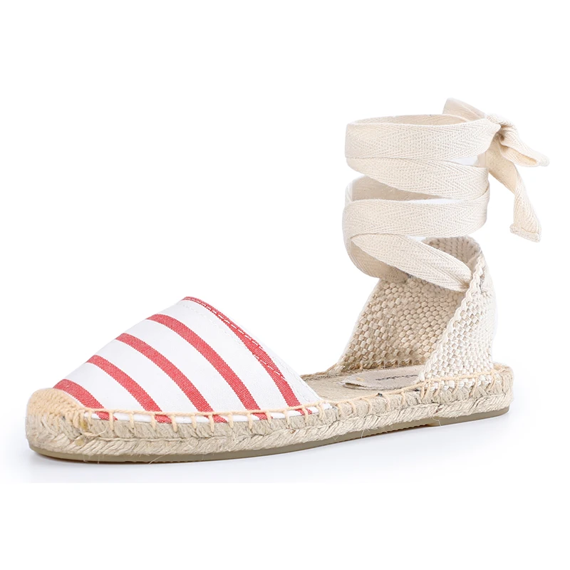 Red white stripes Tienda растворdos/ г. Летние женские эспадрильи сандалии на толстой плоской подошве с резиновой подошвой повседневные модные туфли на плоской подошве с перекрестными ремешками на шнуровке в мелкую клетку - Цвет: Red white stripes