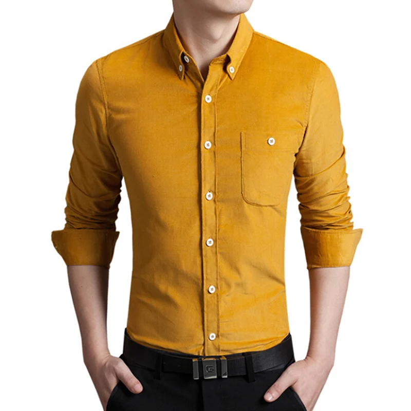 2018 мужские Slim Fit стильное платье рубашка с длинными рукавами вельвет сплошной