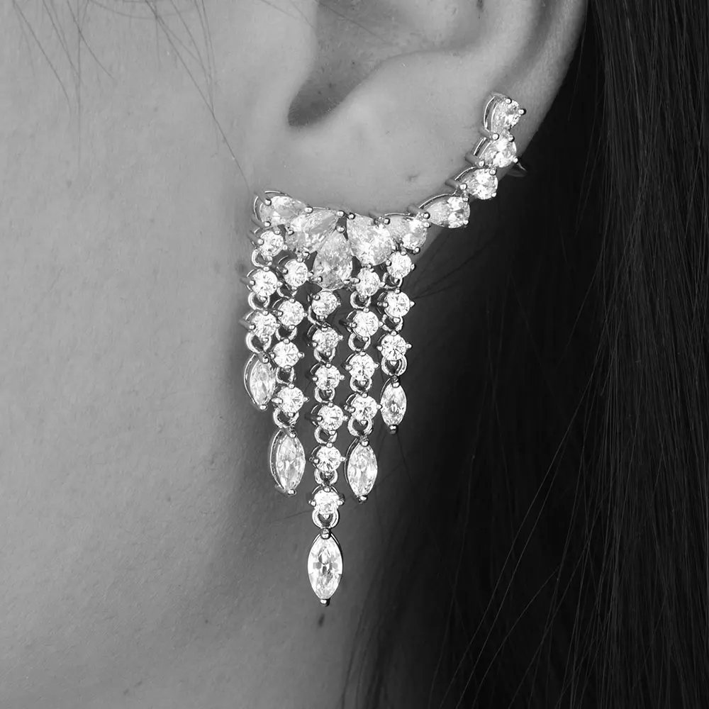 Женские серьги клипсы в форме капли воды с фианитом|wedding earrings for women|wedding drop