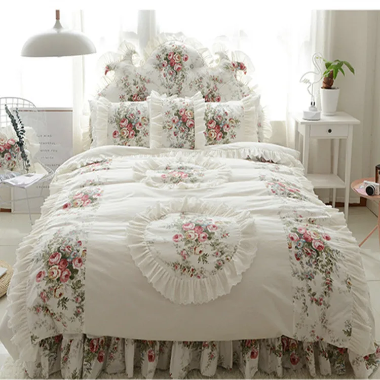 

Lace&cotton 3/4pcs floral Princess style bedding no filling duvet cover set bed skirt twin full queen king size free shipping