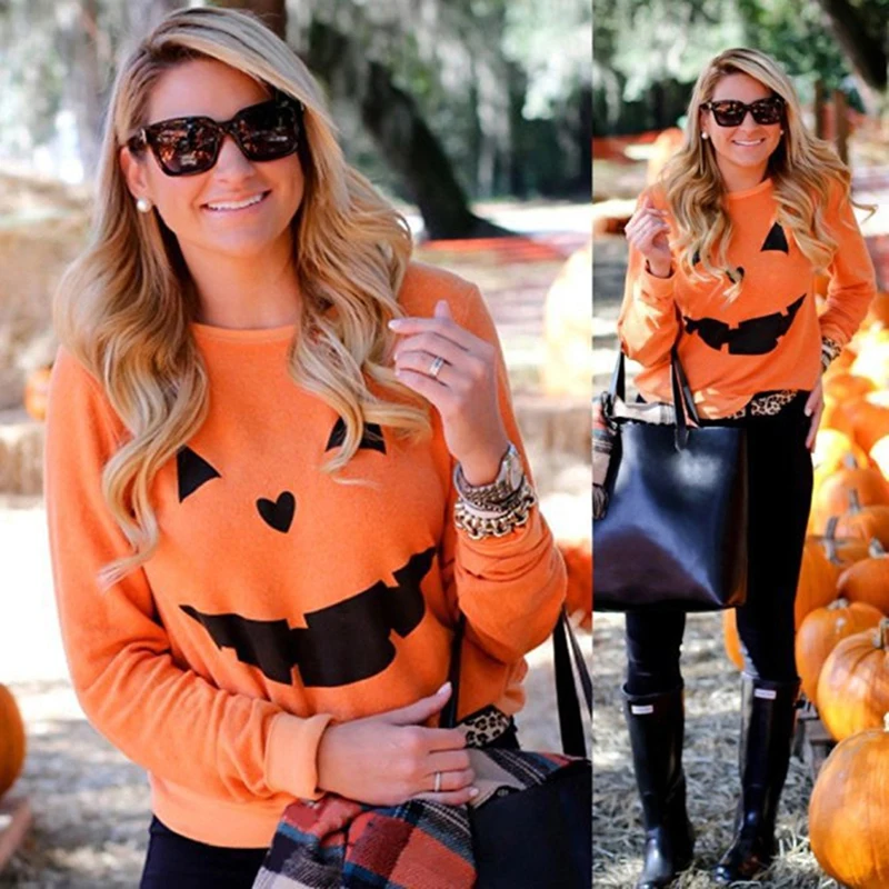 Hot Sale Women Halloween Pumpkin Print Long Sleeve Sweatshirt Pullover Tops Blouse Shirt Female Casual Hoodies Tracksuit 832710