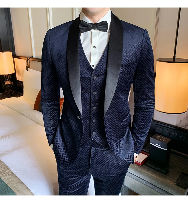 Heren Kostuums, деловой, офисный, бархатный костюм, осень, Traje Novio, 3 штуки, клетчатый, точечный дизайн, мужской костюм, Ретро стиль, мужской смокинг, костюм