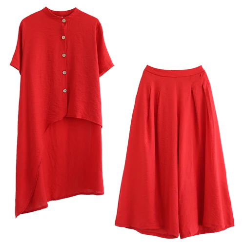 

Casual Women 2 Piece Set Top And Pants Irregular Wide Leg Pants Set Vintage Two Piece Outfits Vintage Ensemble Femme Deux Pieces
