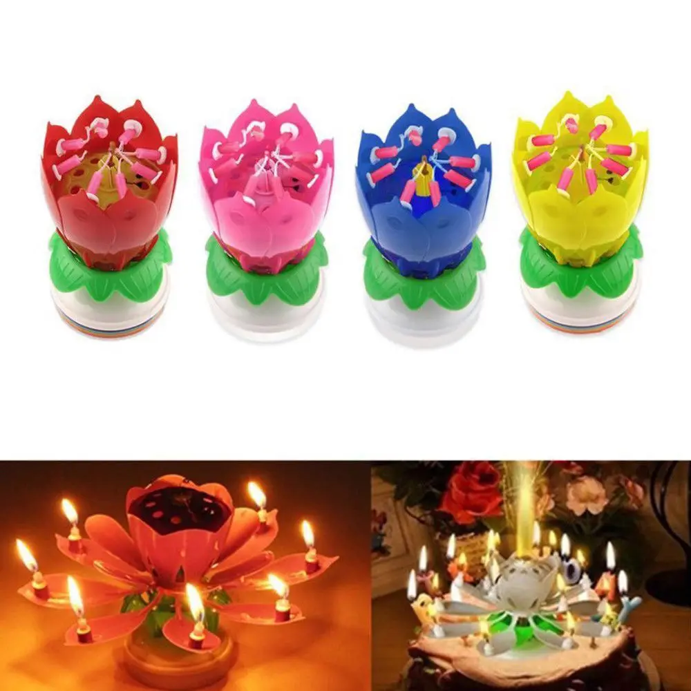 8 вращающихся музыкальных свечей Lotus Flower свечи для торта Topper на день рождения
