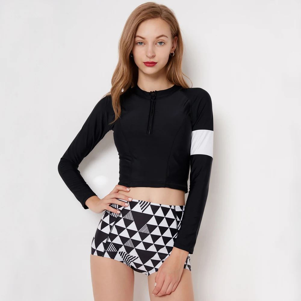 Высокая шея Rash Guard 2019 Для женщин комплект бикини купальники одежда с длинным