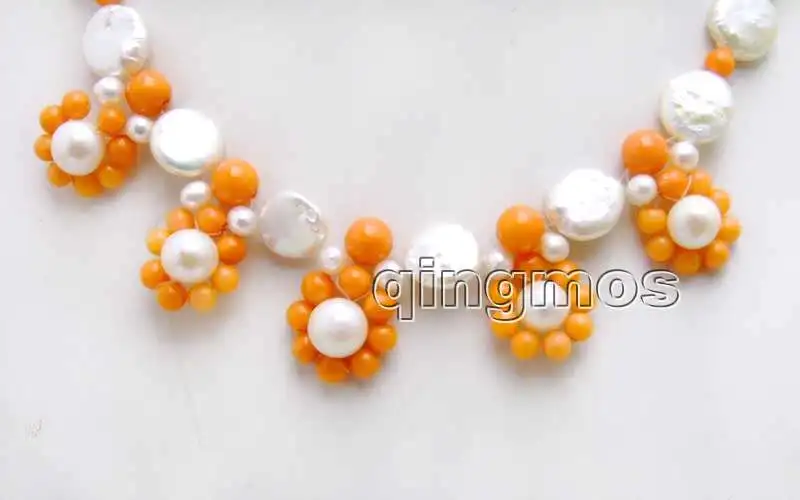

12-13mm Natural White Coin Round Pearl and 5pcs Orange 18-20mm Flower Pendant handwork Weaving 17'' Necklace-nec6225