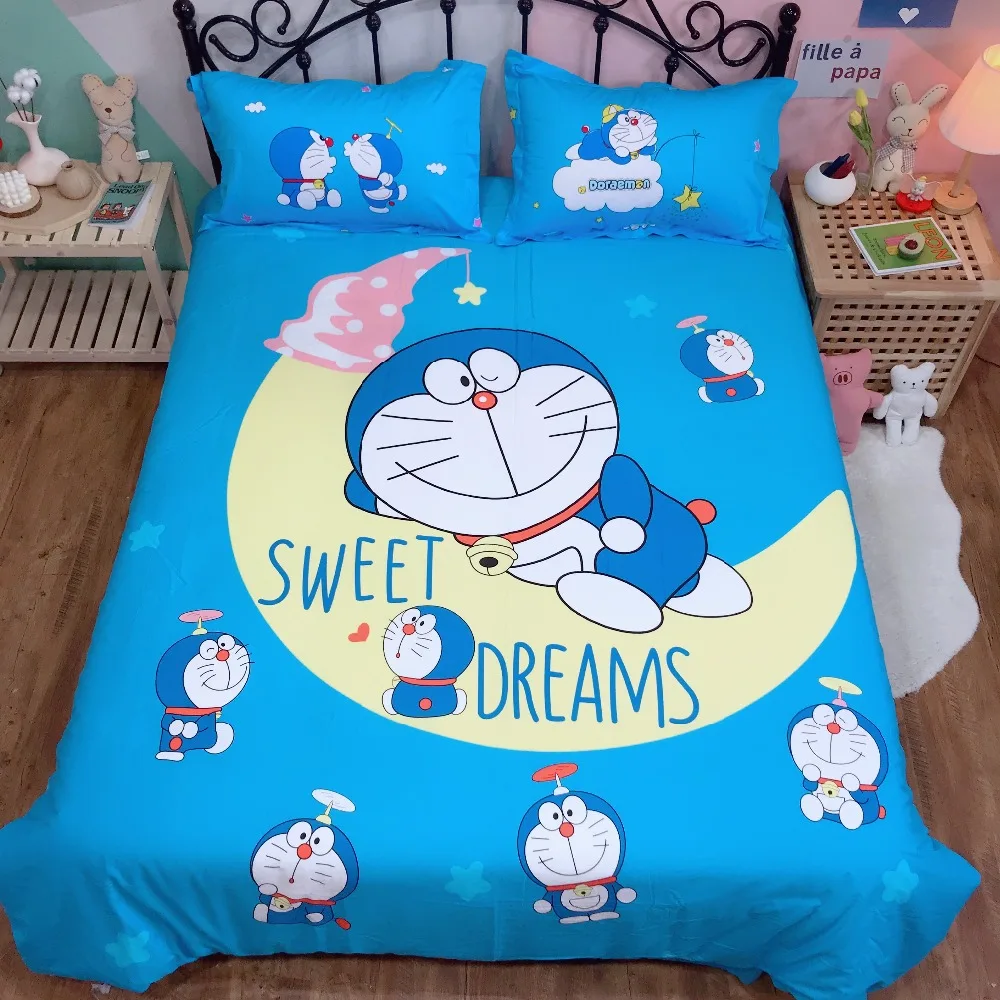 Постельное белье с аниме набор Doraemon Дети чистый хлопковое стеганное одеяло двойной королева король милый пододеяльник плоский лист музыка постельное белье
