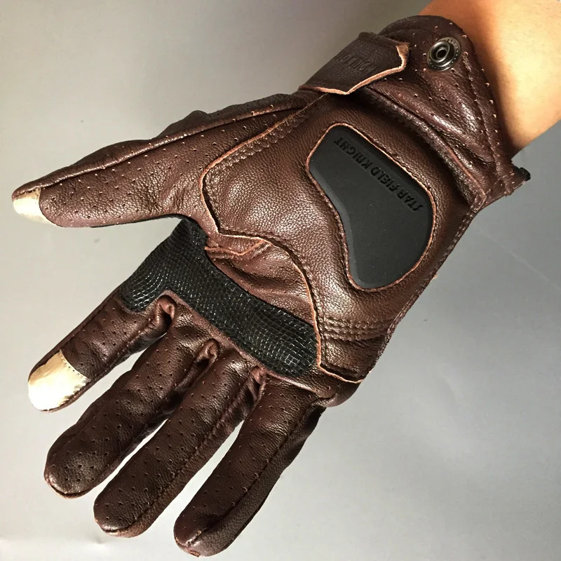 Перчатки для ретро-мотогонок мужские, полные пальцы, козья кожа, сенсорный экран, мотоциклетные спортивные, цвет коричневый и черный.