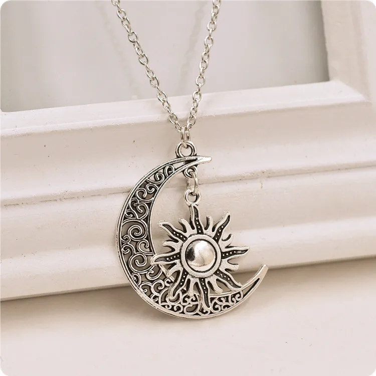 2PCS moon sun charm Antique silver Pendant necklace 50+5cm Chains Mrs Miss Jewelry accessories Hot sale mother day gift | Украшения и