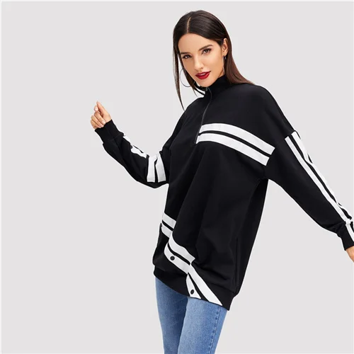SHEIN Стильный Свитшот С Длинными Рукавами, Длинный Свитшот На Молнии С Пуговицами - Цвет: Черный