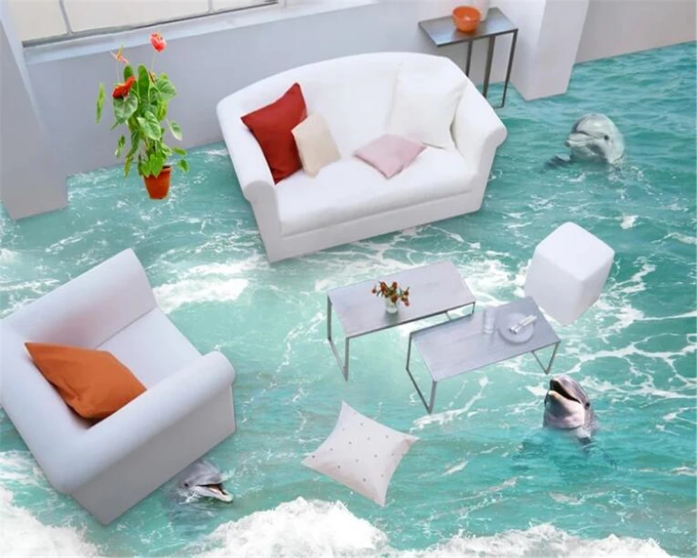 

beibehang Custom Dolphins in the surf 3D floor photo wallpaper waterproof self-adhesive 3D wallpaper decorative bathroom floor