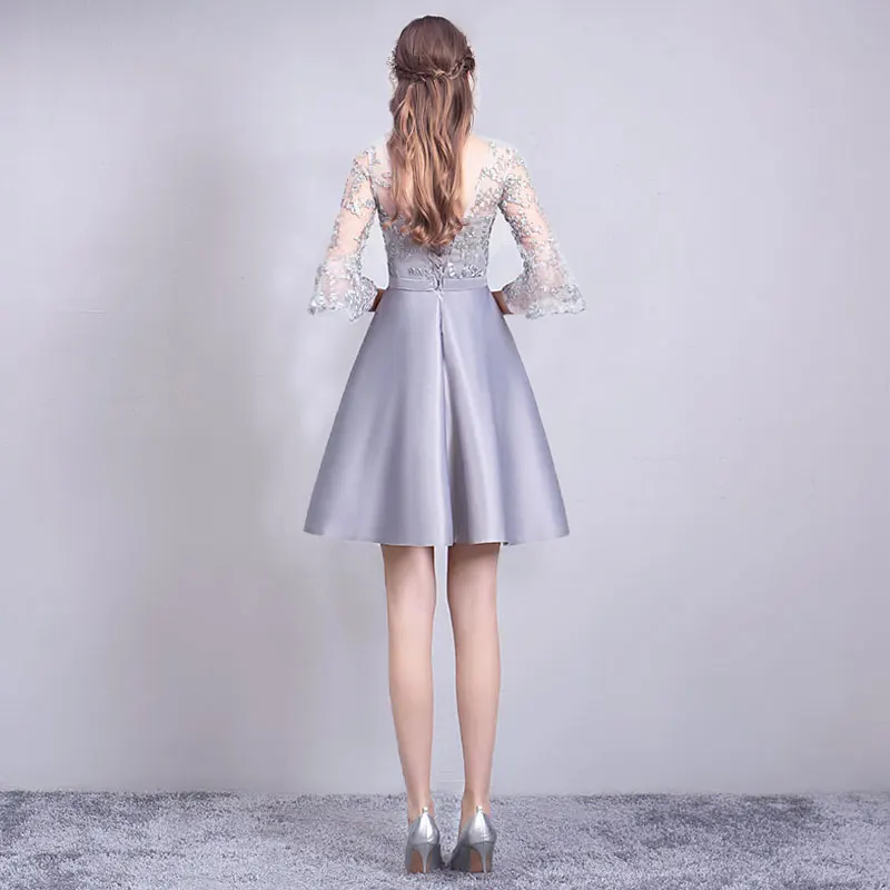 ASL53F # Персиковое розовое серое фотоблестящее короткое платье со шнуровкой для