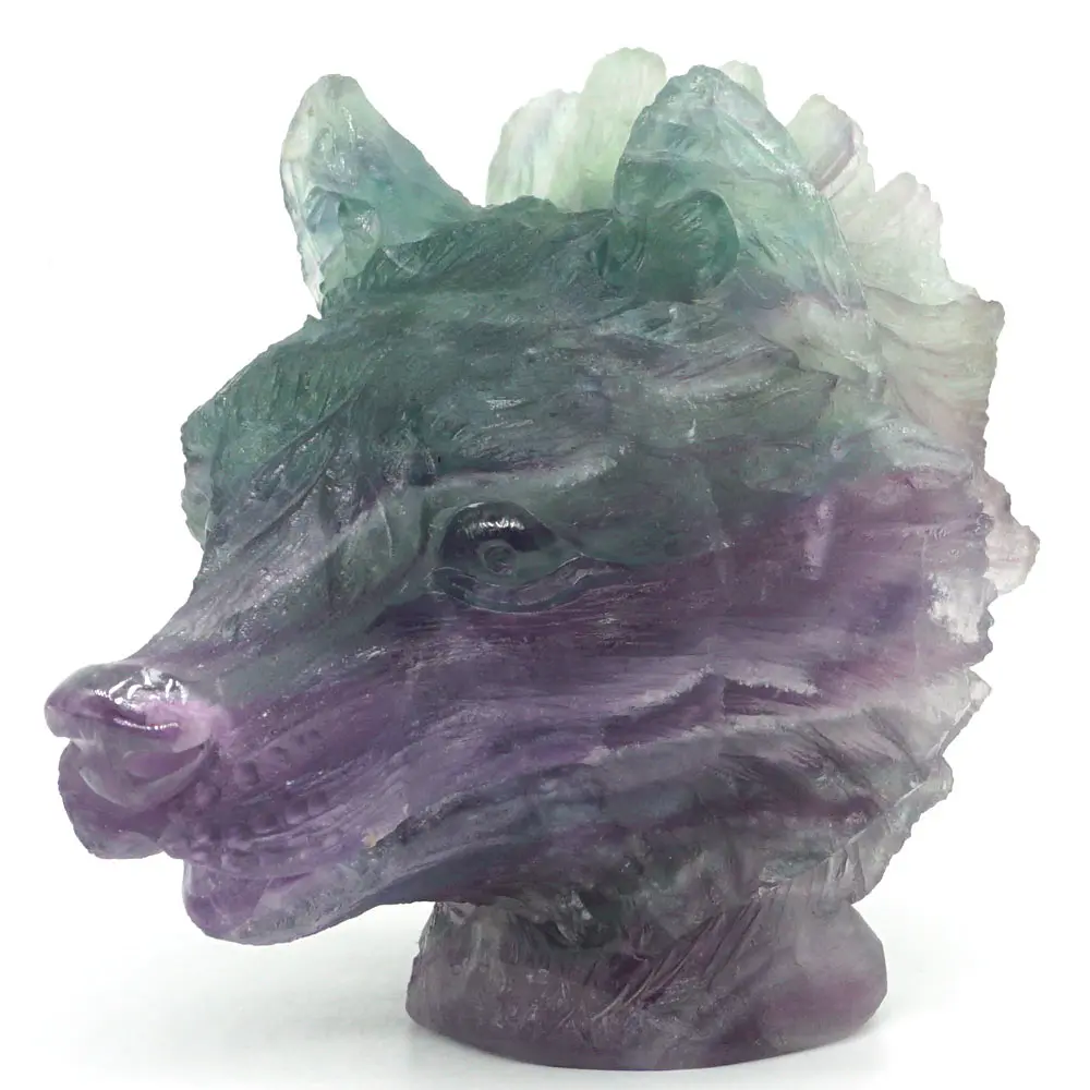 

Wolf Head Statue Natural Gemstone Fluorite Carved Crystal Healig Home Decor4.76"