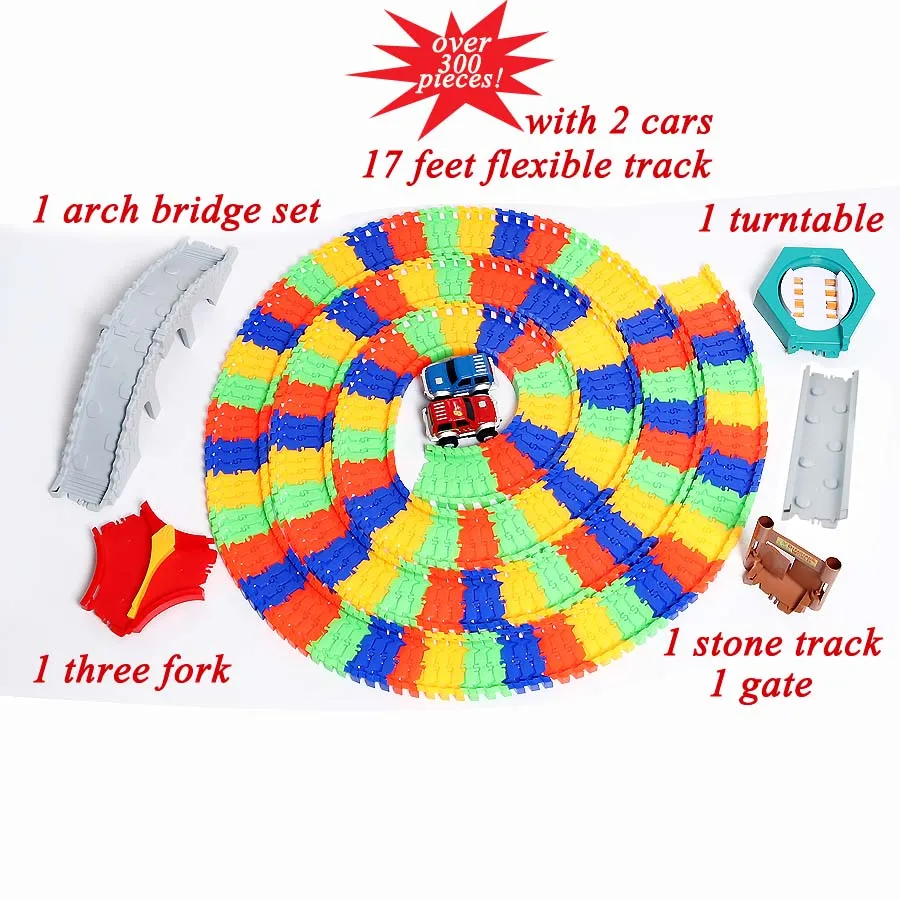 Complete set 300pcs Подстаканник «сделай сам» Делюкс для создания гибкой дорожки 17 футов более 300 шт. с 2 автомобилями и горным туннелем, полностью настраиваемый - Цвет: Complete set 300pcs