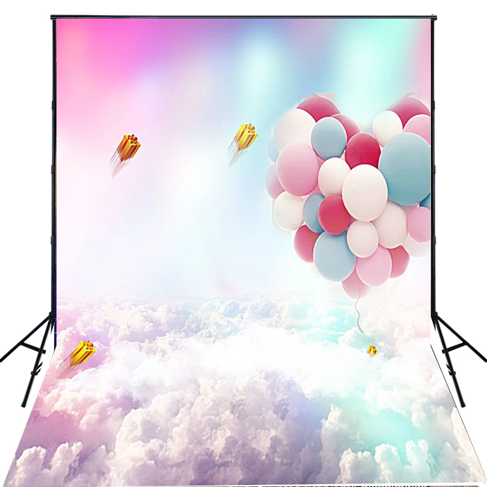 

5x7 Backgrounds for Photography Rainbow Balloon White Clouds with Gold Gifts Box Photo Backdrops Newborn Wedding Background