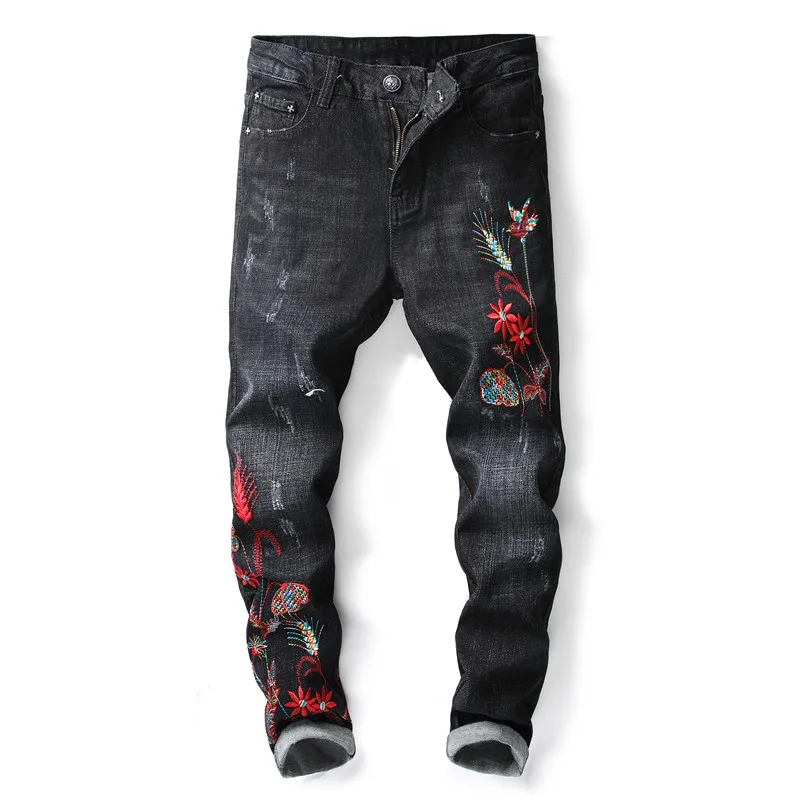 New Fashion Brand Flower And Bird Embroidered Jeans Men's Scratched Patches Skinny Pants Elastic Black Denim crop jeans #15011 | Мужская