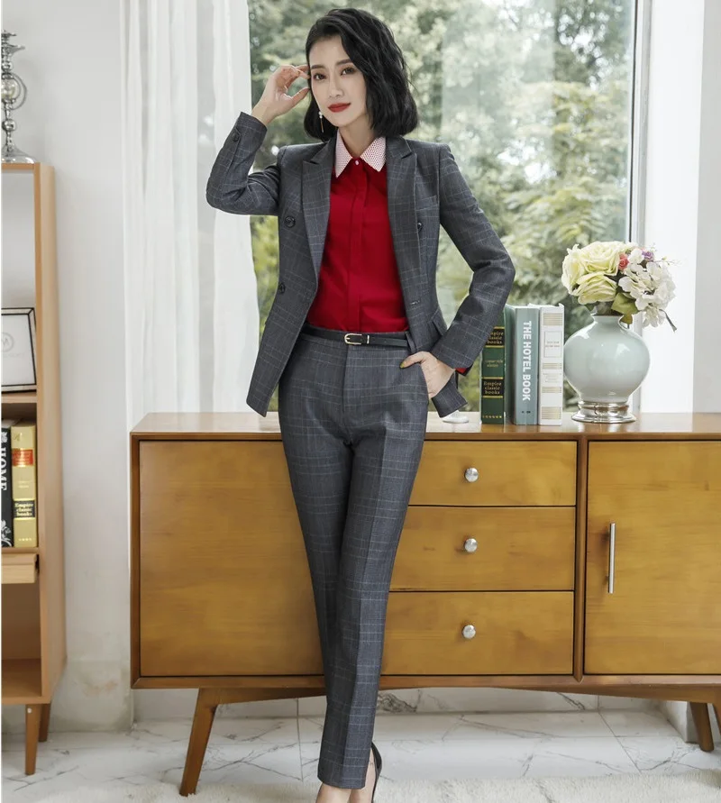 

Formal Fashion Grid Professional Business Suits With Jackets and Pants For Women Autumn Winter OL Styles Work Wear Pants Suits