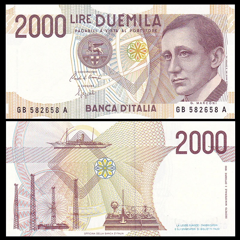 Италия 2000 Lire 1990 P 115 UNC нераспространенная нобелевая Лауза Маркони коллекция