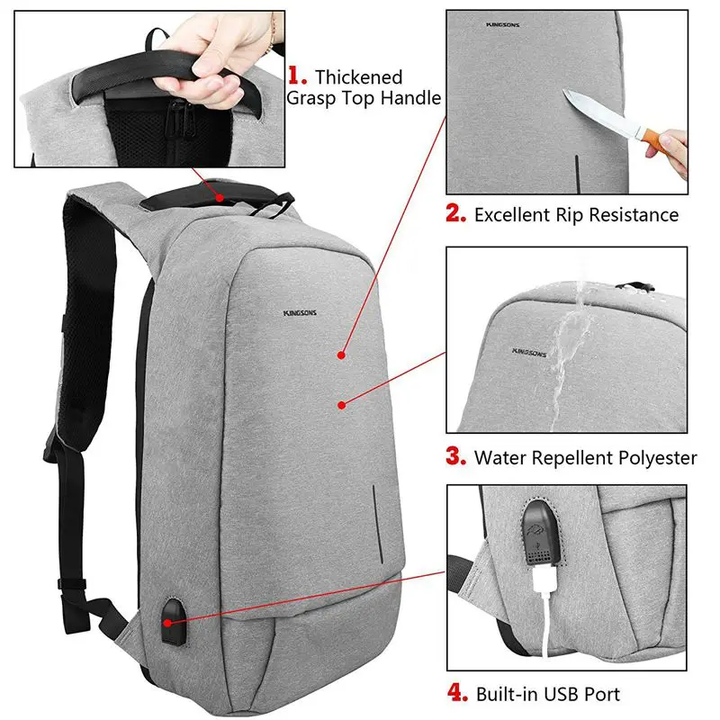 Kingsons школьный рюкзак с защитой от кражи 15 6 дюймов usb зарядка сумка для ноутбука