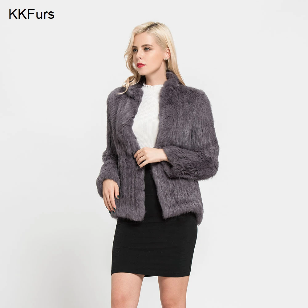 JKKFURS 2021 Новая Женская Толстая вязаная шуба из 100% натурального кроличьего меха
