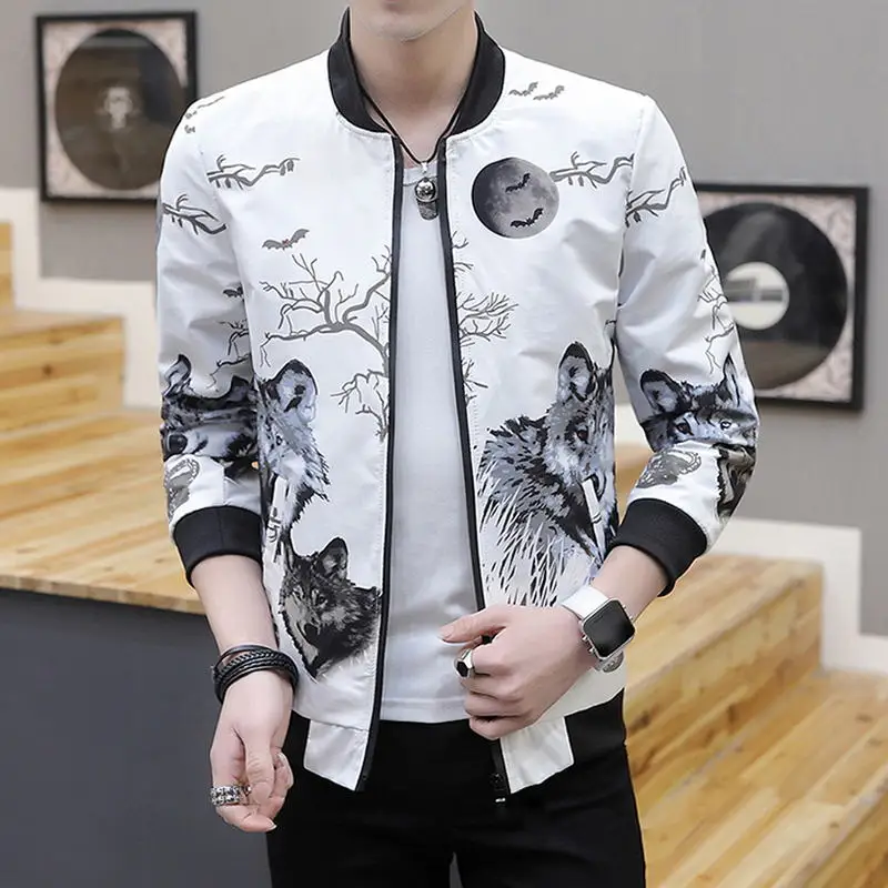 2019 новые мужские с принтом куртки весна осень модный бренд Slim Fit пальто мужской